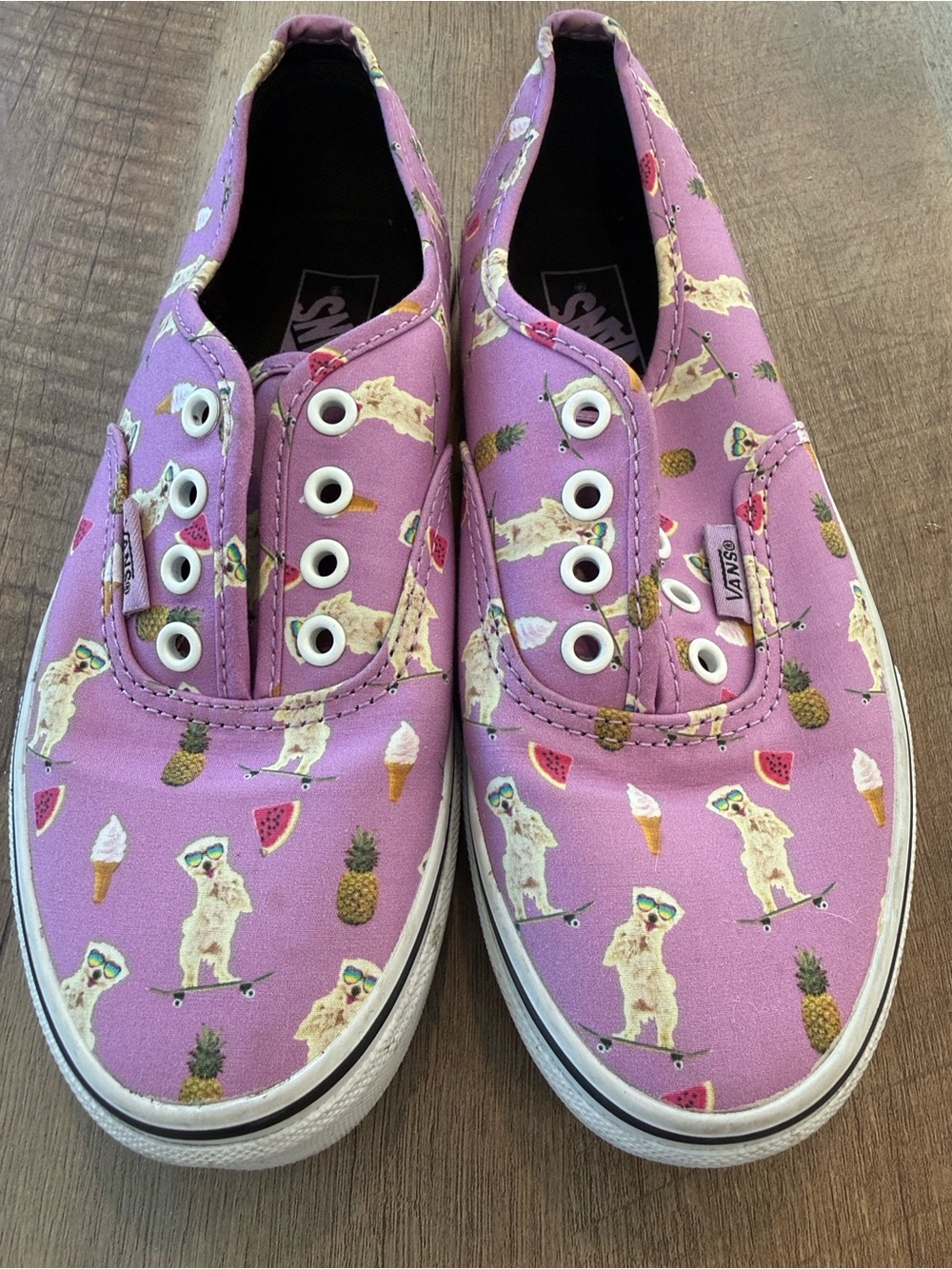 Vans Kids Purple Canvas Slip-On Sneakers with Dog & Fruit Print